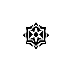 Symmetrical black geometric design with a star-like shape on a stark white background.