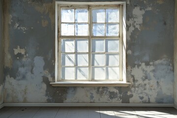 Obraz premium Light streams through window in abandoned room with damaged walls