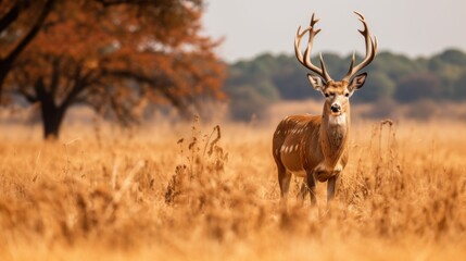 photograph of Red deer standing in the grass in the dry season