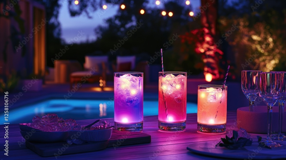 Poster colorful string lights glowing in an outdoor setting, adding warmth and joy to the space, perfect fo