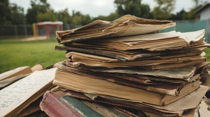 Stack of old textbooks near school.