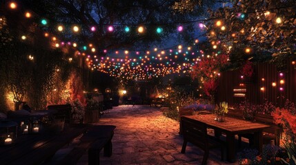 Obraz premium Colorful string lights glowing in an outdoor setting, adding warmth and joy to the space, perfect for celebrations and cheerful gatherings.