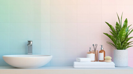 Modern bathroom counter with sink, toiletries, and green plant against pastel tiles