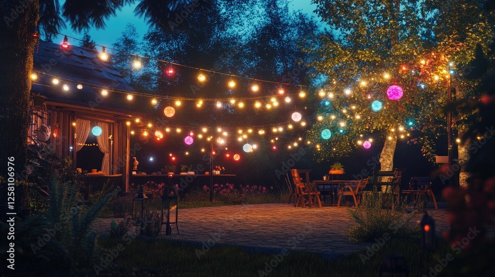 Poster colorful string lights illuminating an outdoor space, creating a warm and joyful atmosphere for a fe