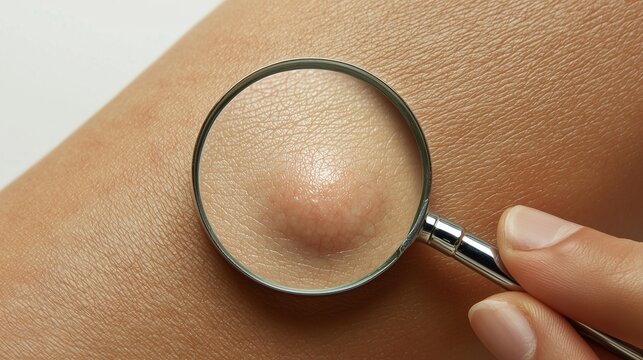 Magnifying glass examining skin bump, symbolizing early cancer detection.