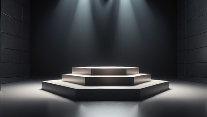 Obraz premium 3D podium in a black and white color scheme with various shades, illuminated by visible light sources in the background. A modern, minimalistic scene perfect for product display and design concepts