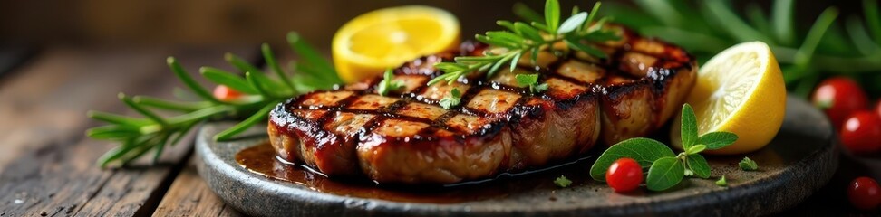 Grilled steak served on a natural stone plate surrounded by fragrant rosemary branches and lemon slices ,  food,  grilled steaks