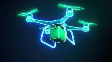 A neon drone delivery icon, glowing package in mid air, futuristic logistics and AI driven transport, electric green and blue hues, clean vector design