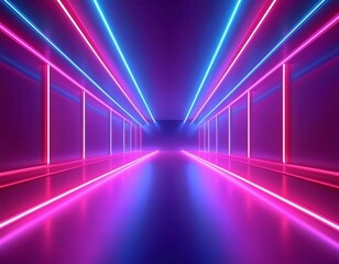3d render, pink red blue neon light, abstract background with glowing lines, cyber space in virtual reality, night club room interior, fashion podium or stage, empty corridor in ultraviolet spectrum.