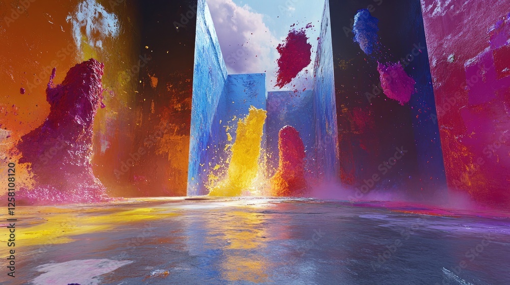 Poster creative expression in an artistic studio, with vibrant paint splashes and colorful textures coming 