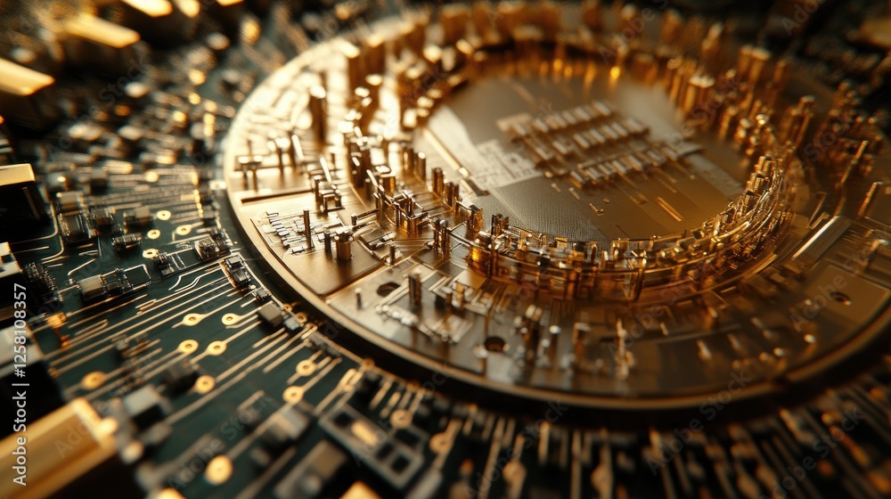 Poster Detailed close-up of a gold microchip on a circuit board, showcasing the precision of electronic connections and high-tech design elements.