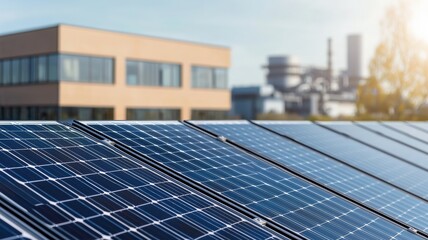 Obraz premium A bright image showcasing solar panels on a rooftop, reflecting sunlight, with a modern building and industrial background.