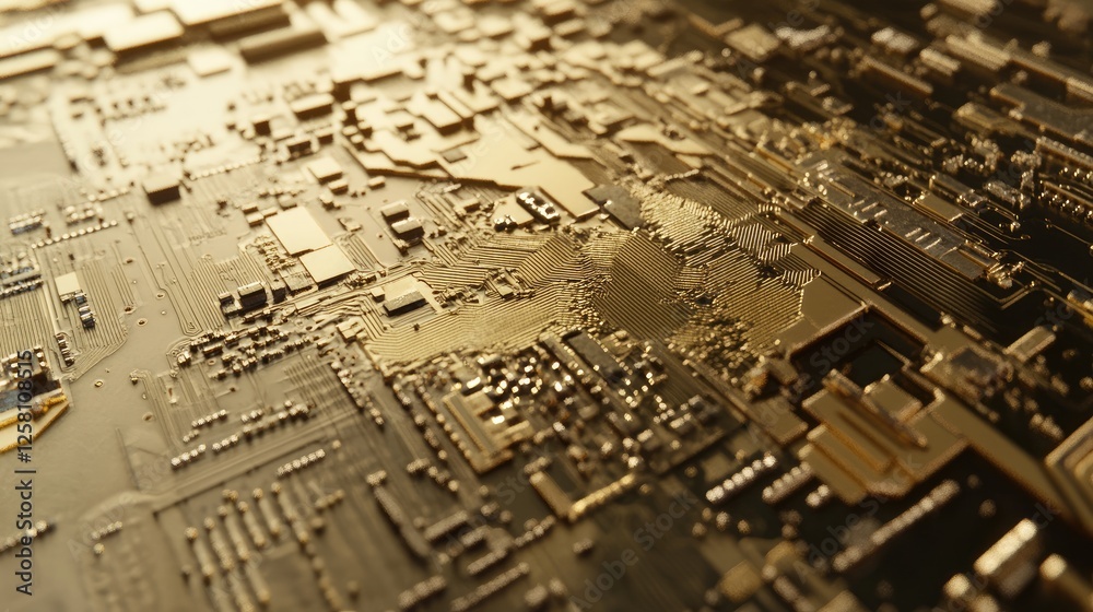 Poster detailed close-up of a gold microchip on a circuit board, showcasing the precision of electronic con