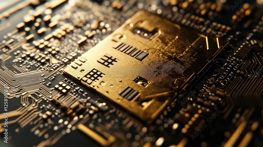 Poster detailed close-up of a gold microchip on a circuit board, showcasing the precision of electronic con
