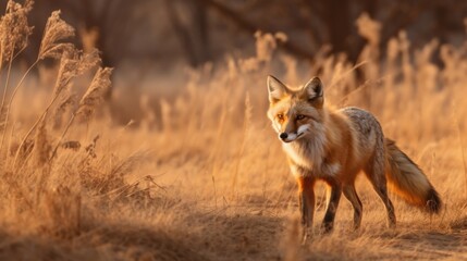 Fototapeta premium photograph of Red fox walks in the dry season meadow