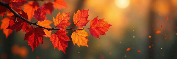 Obraz premium A branch laden with autumn leaves in shades of orange and red, landscape, foliage, colorful