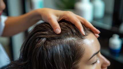 Doctor examines patient's scalp for hair loss treatment, focusing on diagnosis and care.