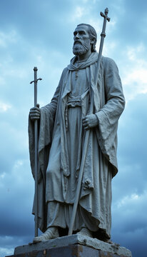 St. Patrick statue standing tall with staff and serene expression, set against cloudy sky