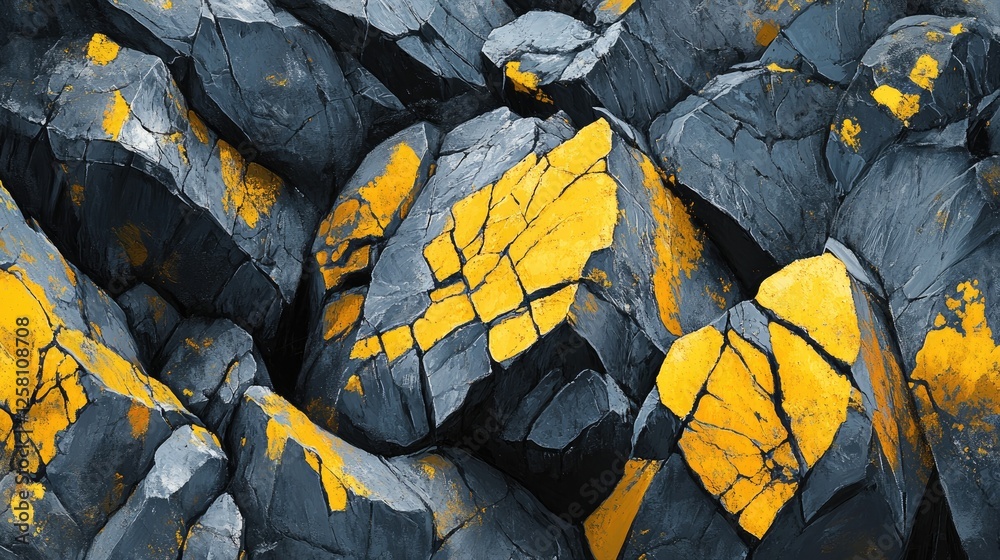 Poster detailed close-up of a rugged rock surface with striking yellow and black patterns, highlighting the
