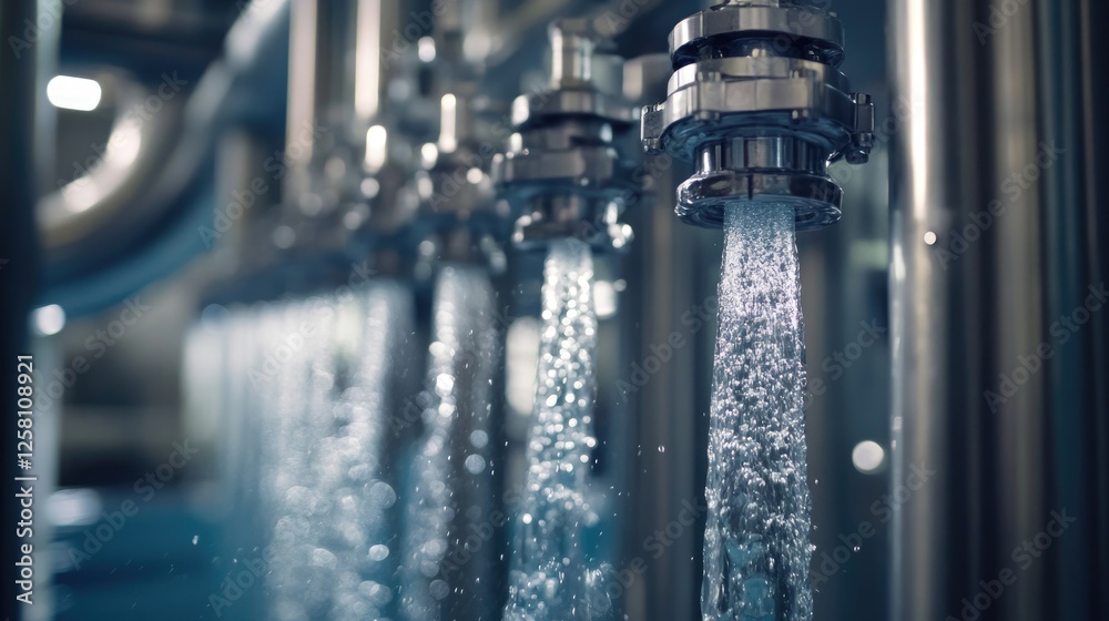 Poster Detailed shot of water flowing through reverse osmosis filters, showing the intricate process of purification and the smooth, clear output.