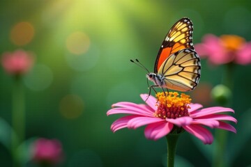 Fototapeta premium A butterfly rests on a colorful flower, its wings delicately folded , nature, flowers, serene
