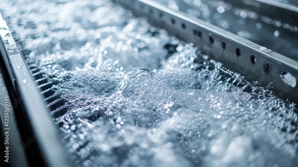 Poster Detailed shot of water flowing through reverse osmosis filters, showing the intricate process of purification and the smooth, clear output.