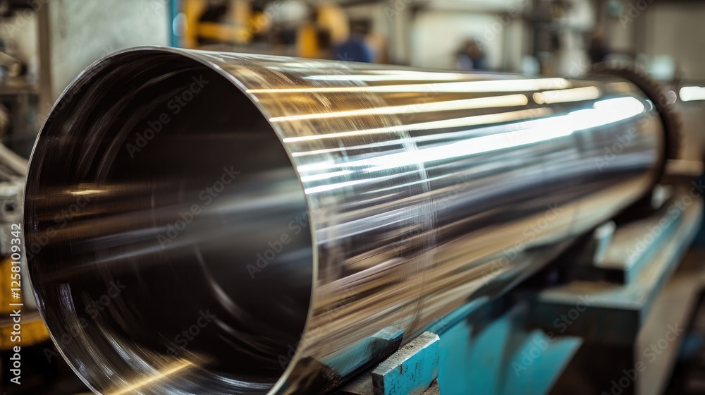 Aufkleber detailed view of polished stainless steel being worked on in a machining process, captured in an ind