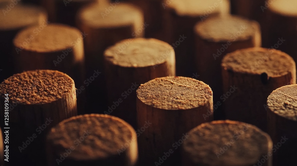 Poster Detailed shot of wine corks, showcasing their natural textures and subtle variations, each symbolizing the unique character of different wine vintages.