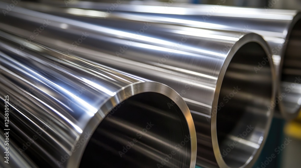 Poster detailed view of polished stainless steel being worked on in a machining process, captured in an ind