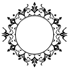 Ornamental frame, featuring an elegant circular design, with a blank center surrounded by intricate black pattern.