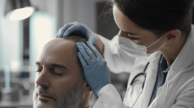 Doctor examining patient's scalp for hair transplant procedure.
