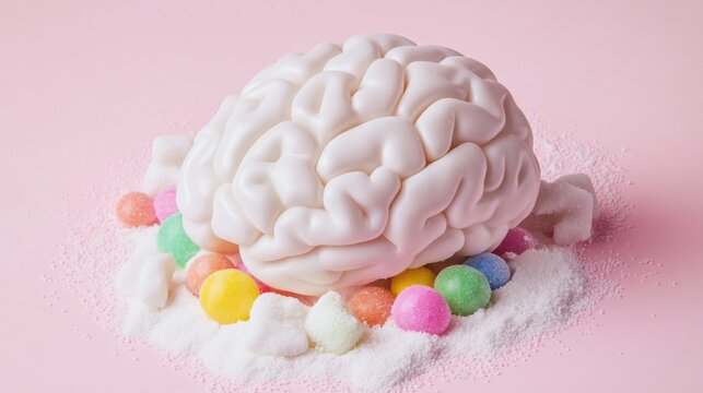 Human brain made of colorful candies. Sugar addiction, risks like diabetes and hyperactivity in children and adult