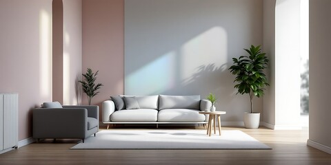 Modern living room interior design, sunlight, pink wall