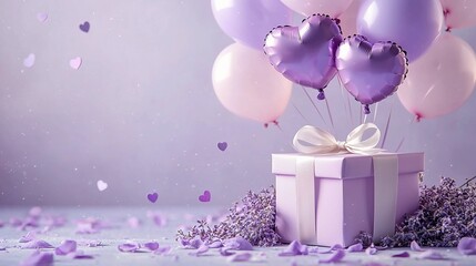 Celebrate special moments with a beautiful gift box surrounded by heart-shaped balloons and delicate flowers