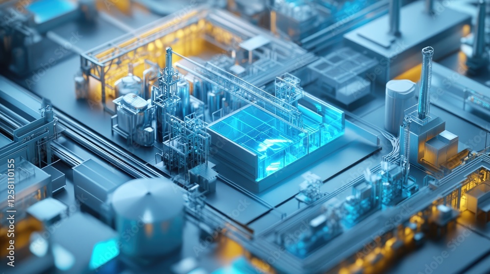 Poster Dynamic 3D visualization of a supply chain process, showcasing interconnected logistics and resource management for improved efficiency in distribution and production.