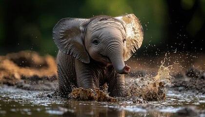 Baby Elephant Playing Joyfully In Muddy Water