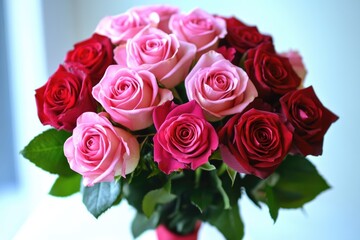 Pink roses in a glass vase. Lovely floral arrangement for romance, weddings or special occasions.