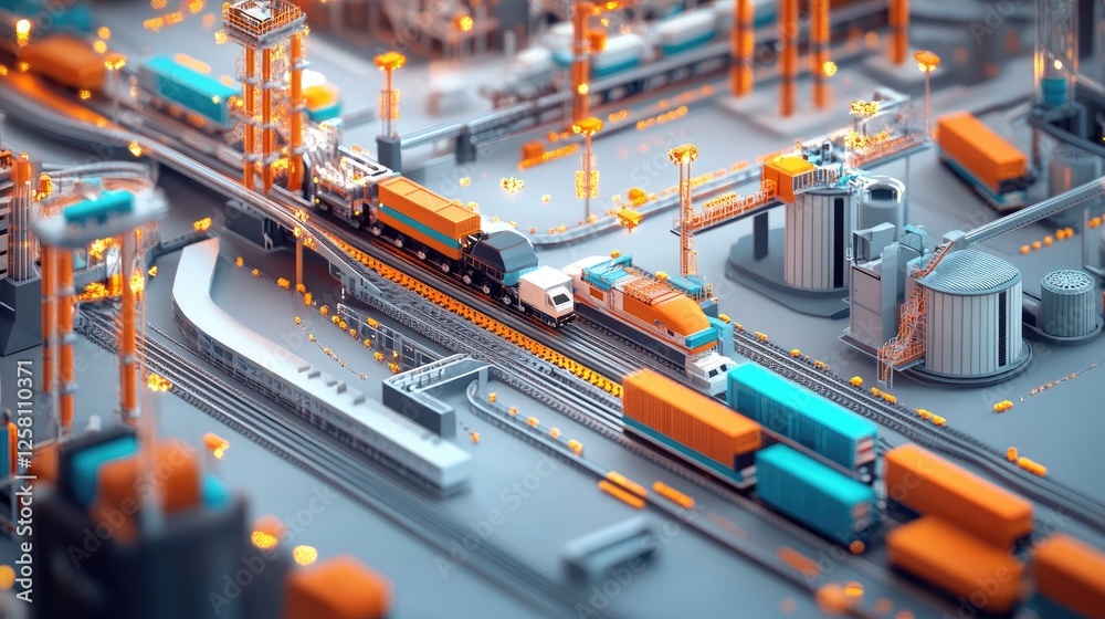 Poster dynamic view of an interconnected logistics network, showcasing modern transport vehicles, efficient