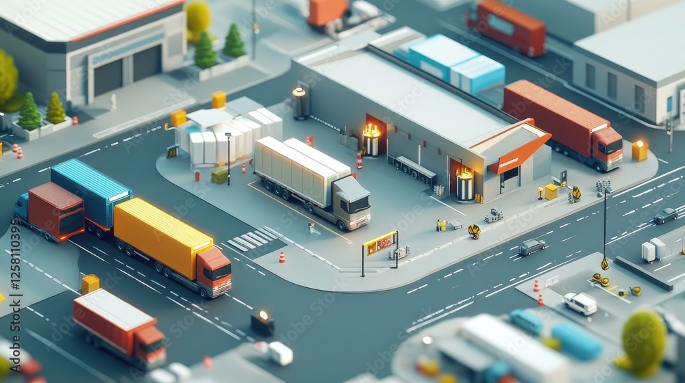 Poster dynamic view of an interconnected logistics network, showcasing modern transport vehicles, efficient