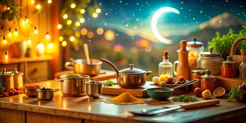 Ethereal Sun & Moon Culinary Backdrop: Tilt-Shift Miniature Food Photography