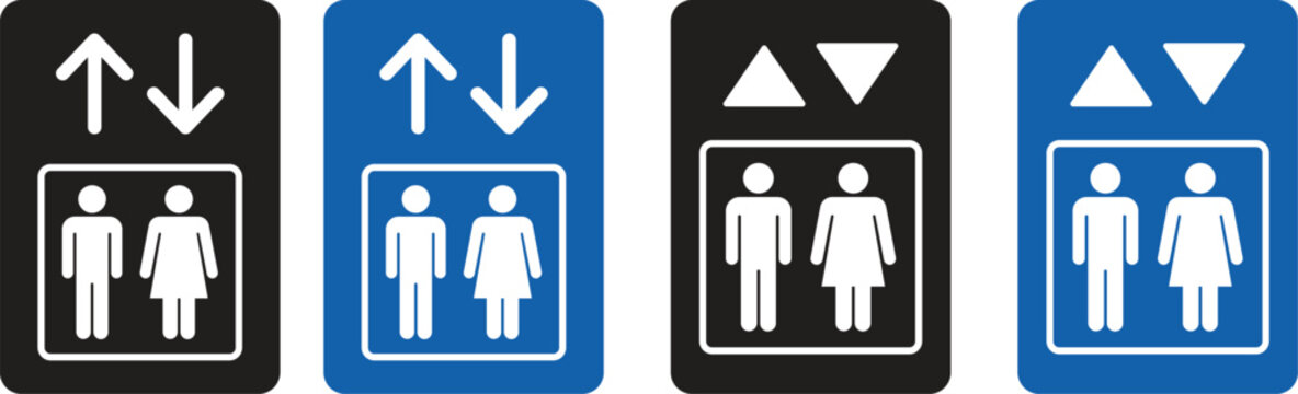Collection of elevator vector icons with up or down arrows in black and blue color silhouette style. Symbol of advice or road access information for the public. Vector illustration