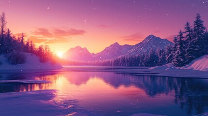 Fototapeta premium Early morning tranquility with a snowy mountain range and vibrant sunrise reflections on the surface of a frozen lake.