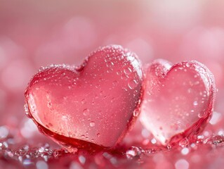 Obraz premium Two red hearts with drops of water on a pink background close-up