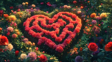 Fototapeta premium Heart-shaped flower maze, vibrant garden filled with colorful blooms, romantic theme ideal for love stories or seasonal events.