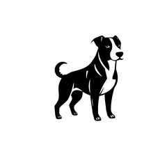 A simplified, vector-style illustration of a dog, showcasing the full body, rendered in black and white, against a white background, evoking a clean and graphic aesthetic.