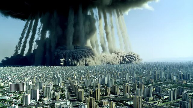 Massive nuclear explosion devastating urban metropolis, rendering massive destruction with mushroom cloud billowing over architectural landscape, showing apocalyptic nuclear warfare consequences