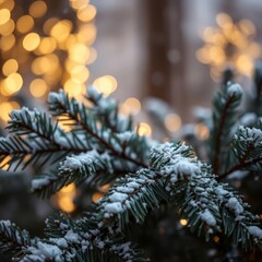 Lush fir branches dusted with snowflakes set against a backdrop of golden festive lights Bokeh light lights background bokeh abstract light bright effect shiny