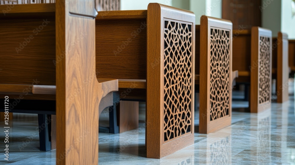 Poster geometric harmony in wooden pew designs, showcasing a blend of intricate patterns and modern aesthet