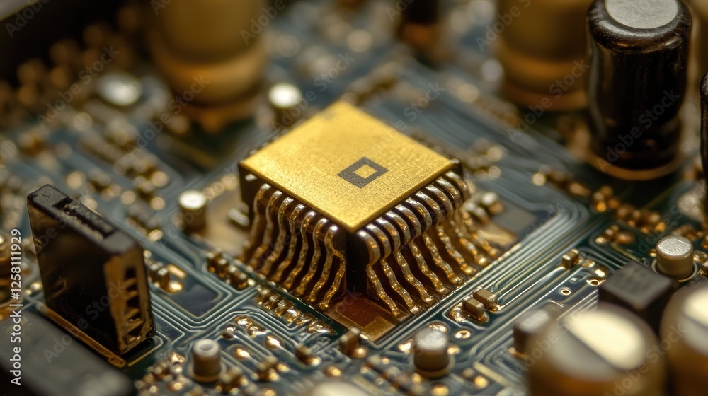 Poster gold microchip resting on a circuit board, highlighting the delicate, complex connections and advanc