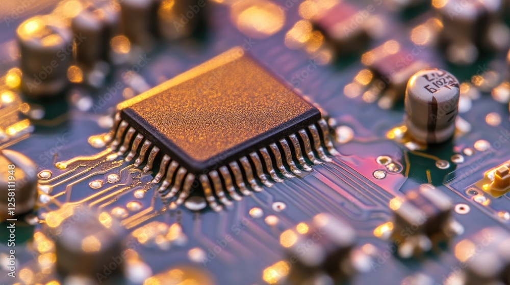 Aufkleber gold microchip resting on a circuit board, highlighting the delicate, complex connections and advanc